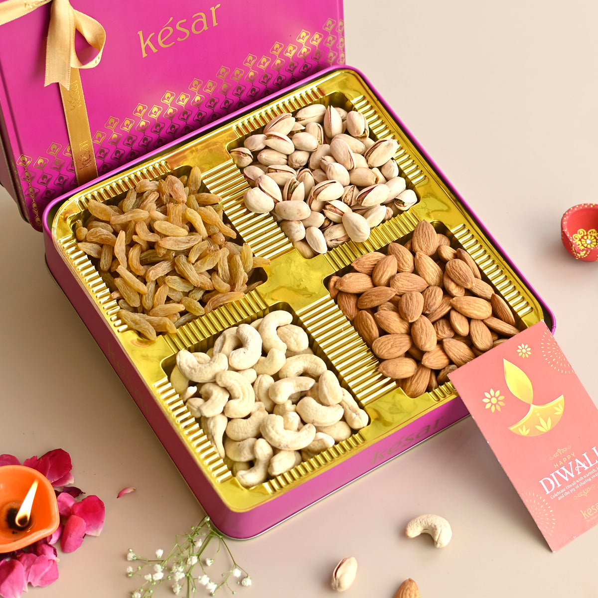 Kesar Corporate Pink Tin Gift Box with Dryfruit