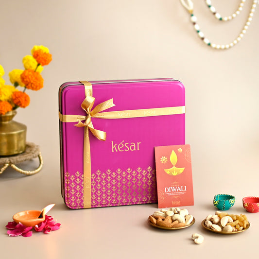 Kesar Corporate Pink Tin Gift Box with Dryfruit