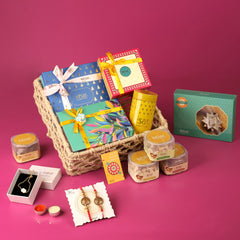 All-in-One Gourmet Luxury Hamper in a Jute Basket with Bhaiya Bhabhi Rakhi Set