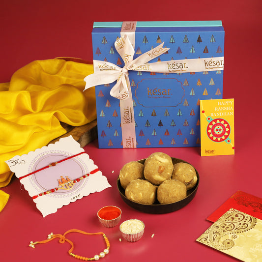 Panjeeri Badam Laddoo in a Festive Box with Flower Rakhi