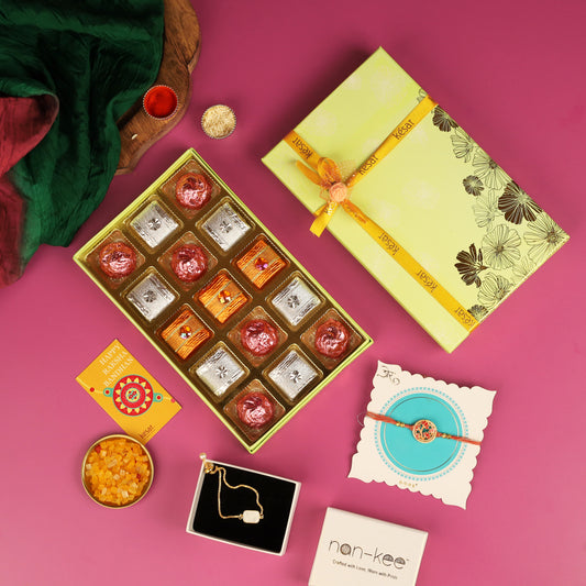 Handmade Chocolates with Pearl Bracelet and Flower Rakhi