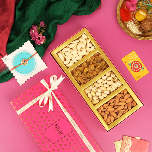 KESAR ROYAL PINK DRYFRUIT BOX WITH RED FLOWER RAKHI