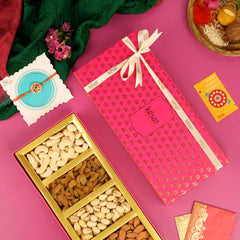 KESAR ROYAL PINK DRYFRUIT BOX WITH RED FLOWER RAKHI