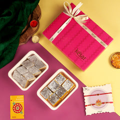 KAJU KATLI AND MOONG THAL MITHAI COMBO WITH SET OF 2 RAM RAKHI SET