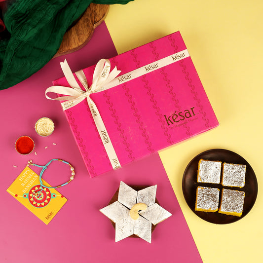 KAJU KATLI AND MOONG THAL MITHAI COMBO WITH SET OF 2 RAM RAKHI SET