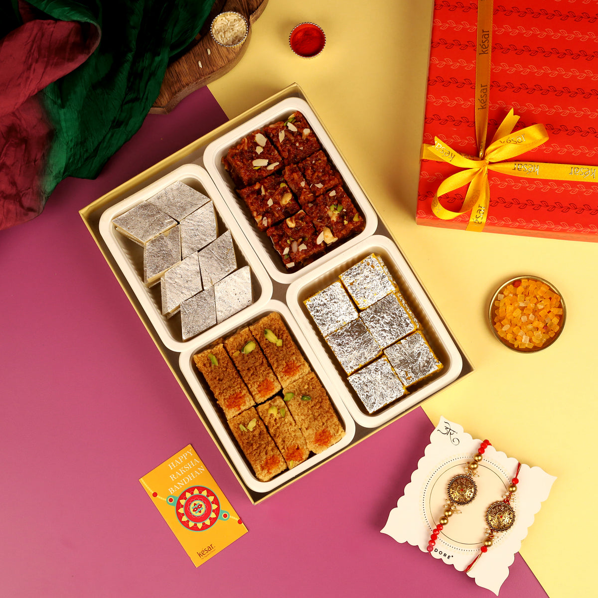 Indian Classic Mithai Box with Bhaiya Bhabhi Rakhi Set