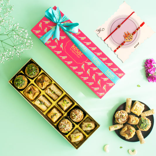 Assorted Baklava Delight Gift Box With 2 Rakhis