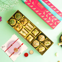 Assorted Baklava Delight Gift Box With 2 Rakhis