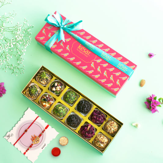 Artisanal Premium Assorted Laddoo 12 pcs in a Fancy Gift Box With 2 Rakhis