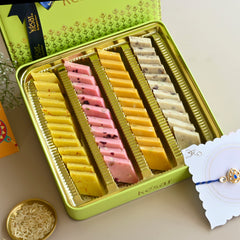 Assorted Kaju Katli in Tin Box with Royal Rakhi
