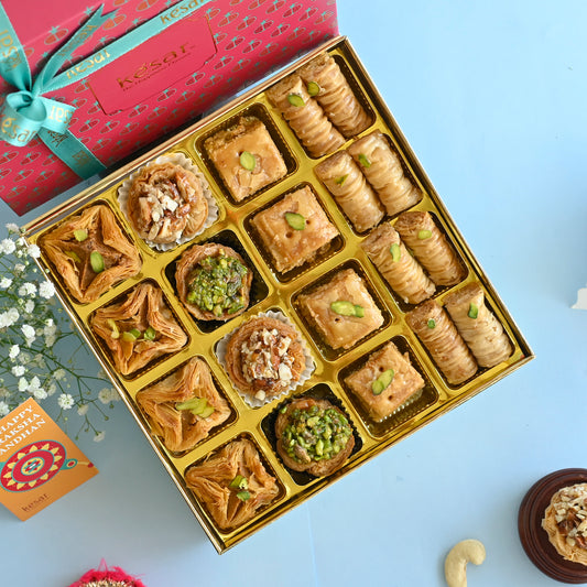 Baklawa Indulgence Box with Set of 2 Rakhi